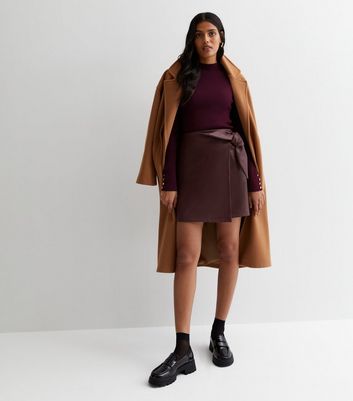 Burgundy leather outlet look midi skirt