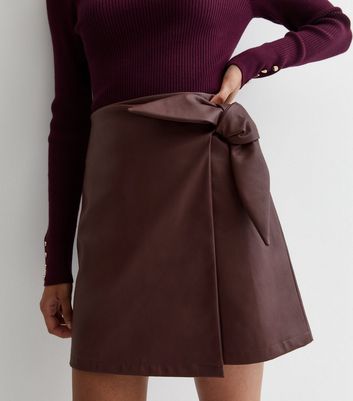 Burgundy Leather-Look Tie Wrap Mini Skirt | New Look