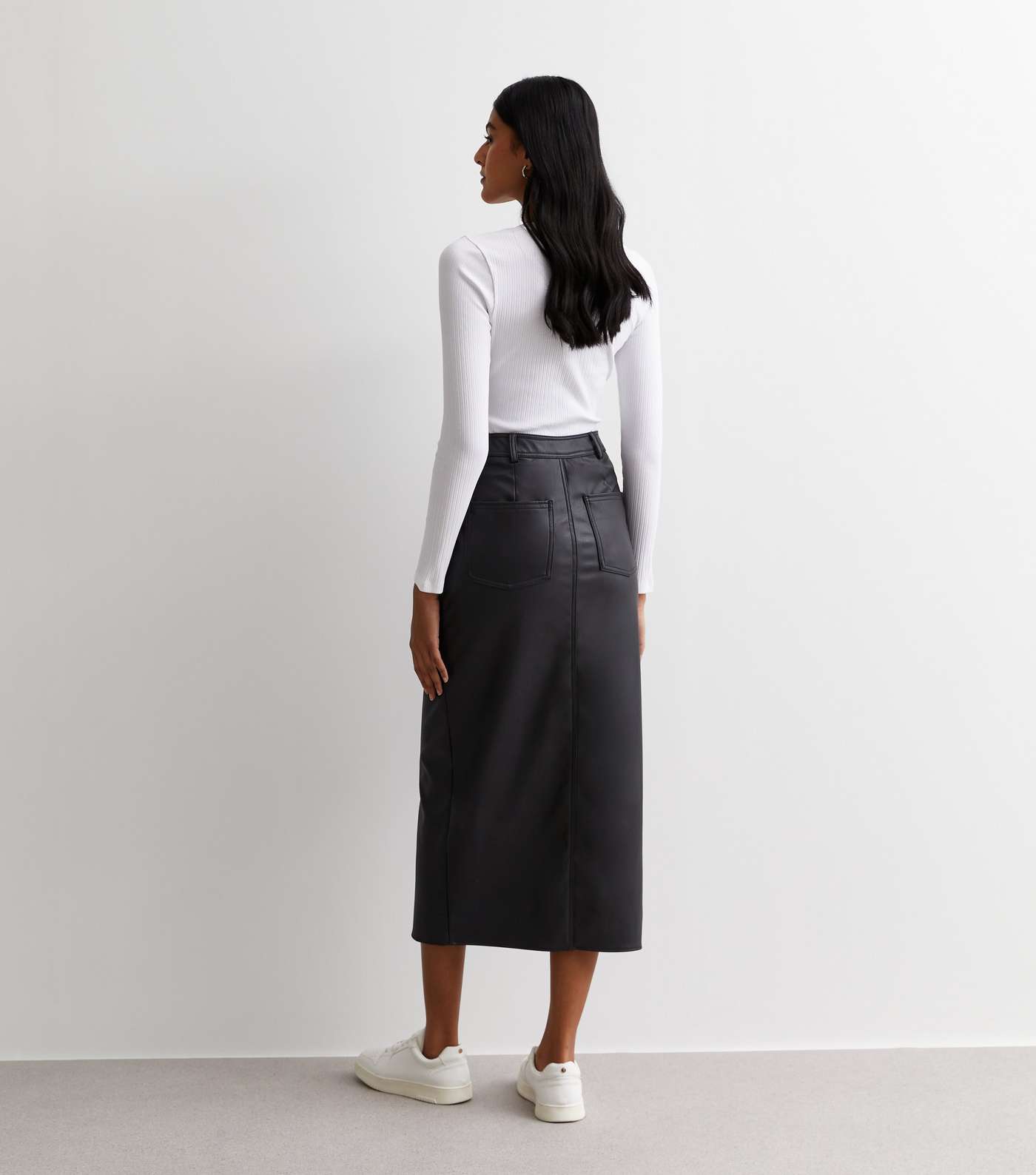 Black Leather-Look Coated Split Hem Midi Skirt