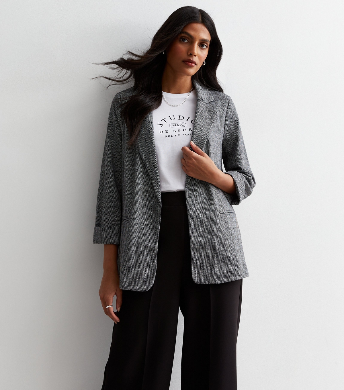 Women's Grey Chevron 3/4 Sleeve Blazer New Look