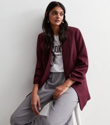 Burgundy Ruched Sleeve Blazer New Look