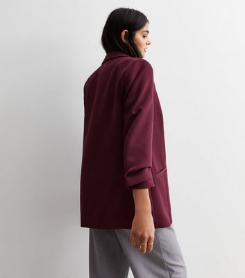 Burgundy Ruched Sleeve Blazer New Look