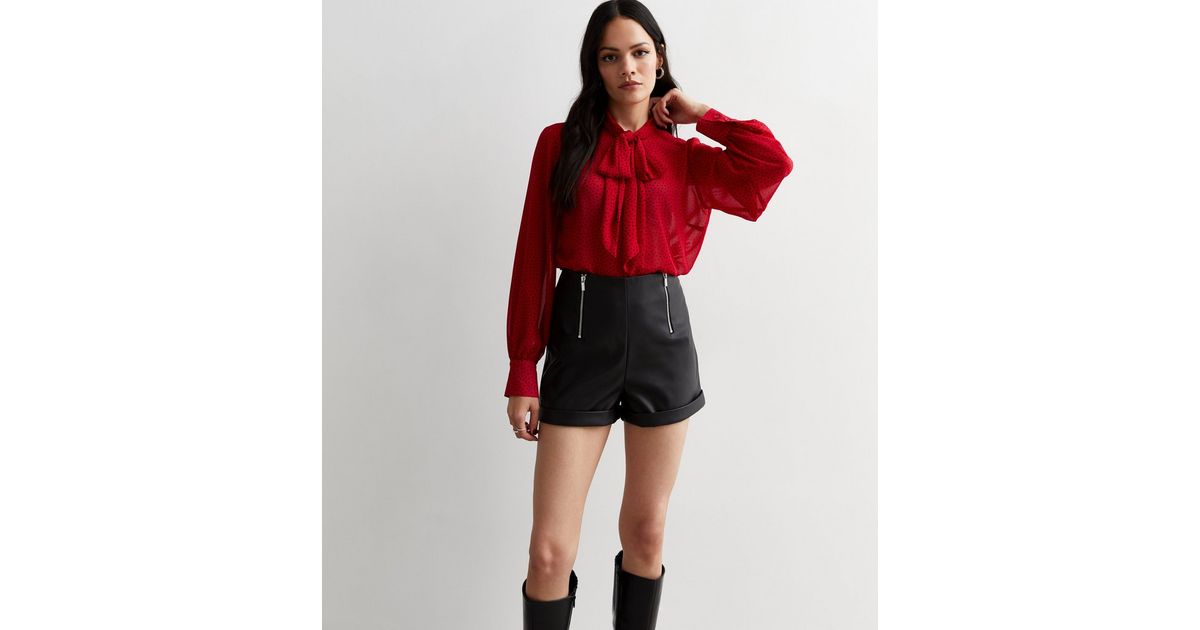 Black LeatherLook Zip Front Shorts New Look