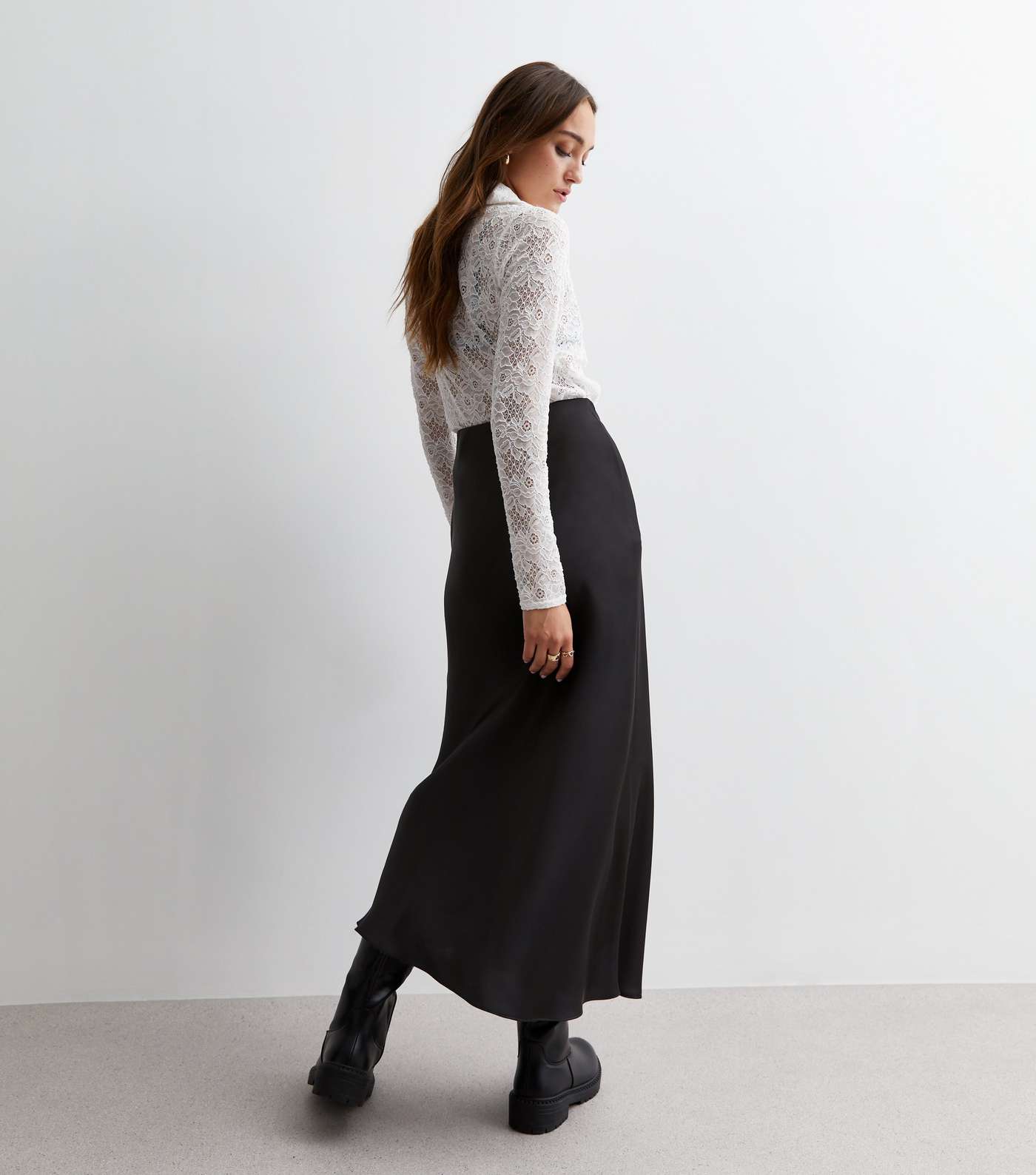 Black Shine Satin Bias Cut Midi Skirt Image 4