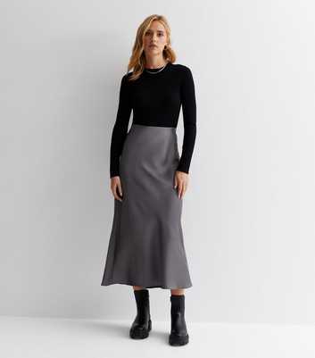 Dark Grey Shine Satin Bias Cut Midi Skirt