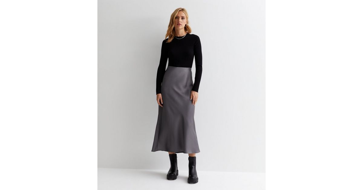 Dark Grey Shine Satin Bias Cut Midi Skirt | New Look