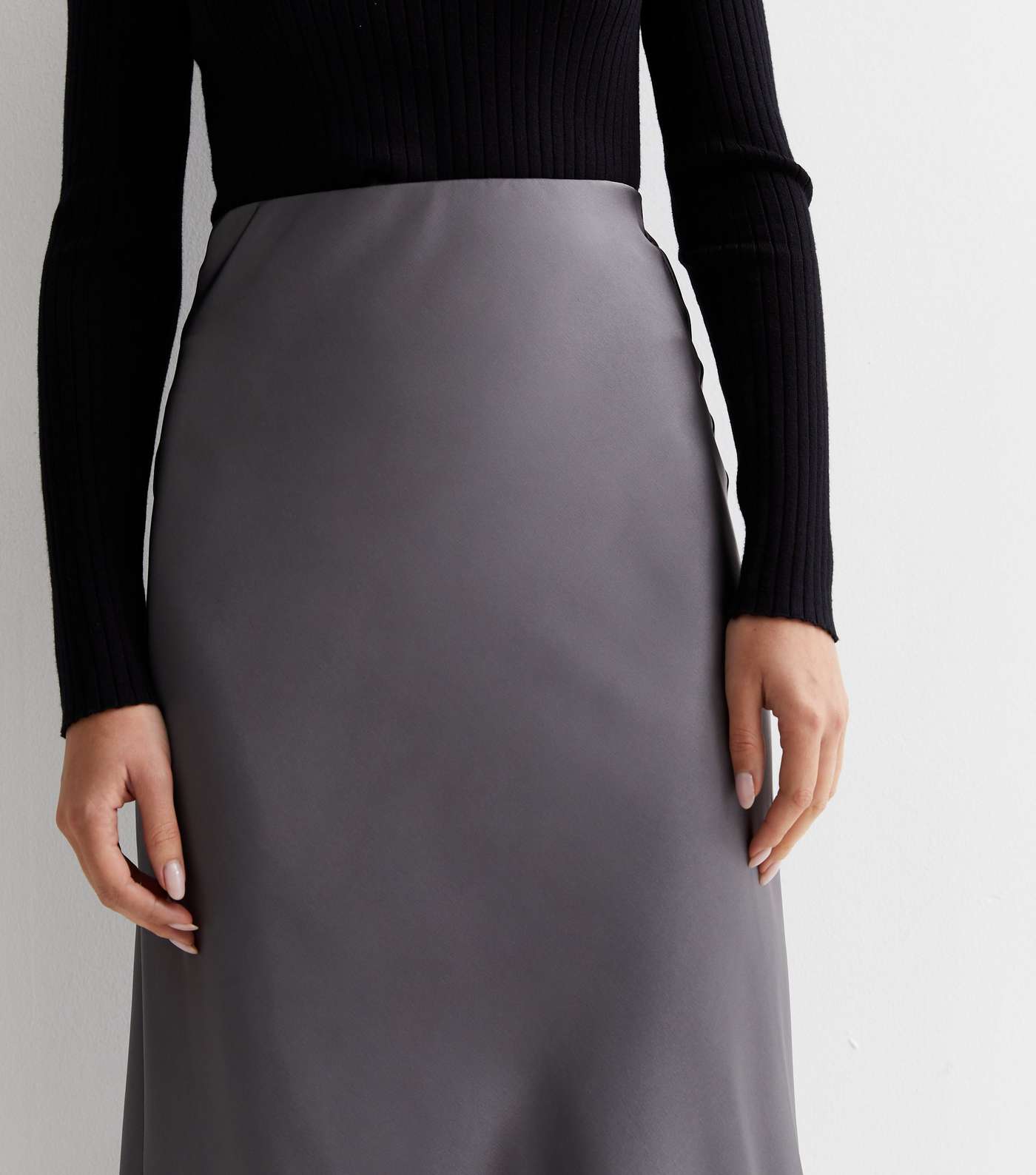 Dark Grey Shine Satin Bias Cut Midi Skirt Image 2