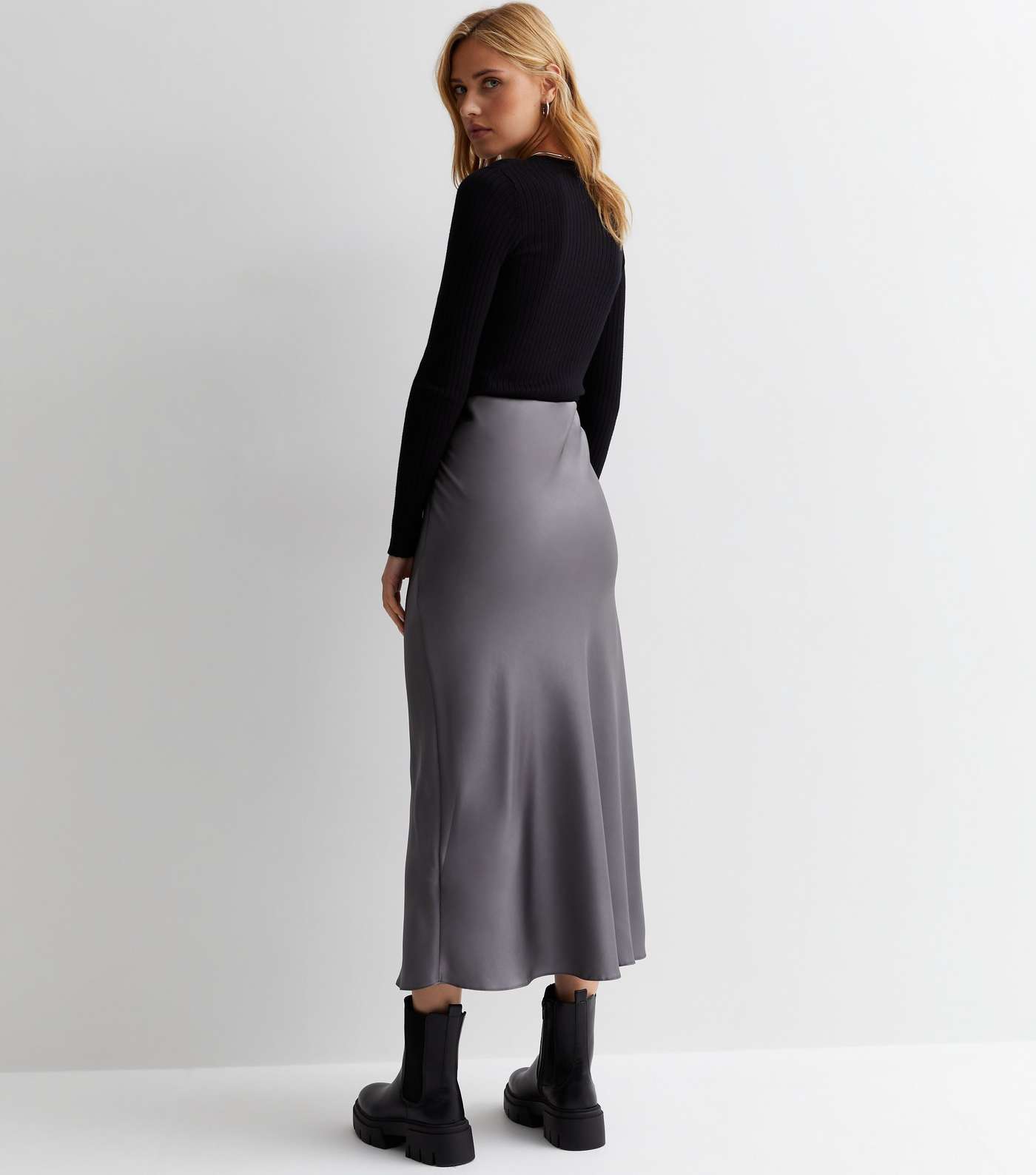 Dark Grey Shine Satin Bias Cut Midi Skirt Image 4