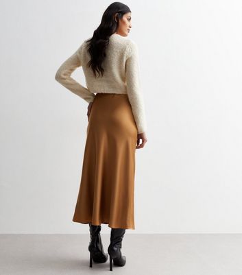 Camel Shine Satin Bias Cut Midi Skirt New Look