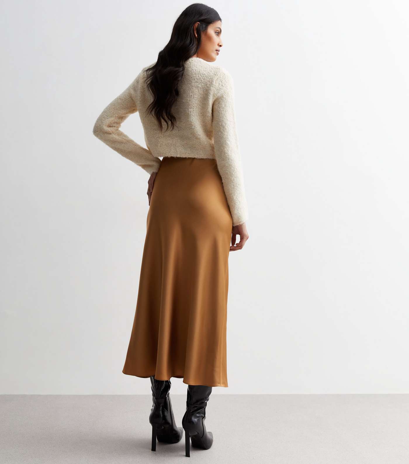 Camel Shine Satin Bias Cut Midi Skirt Image 4