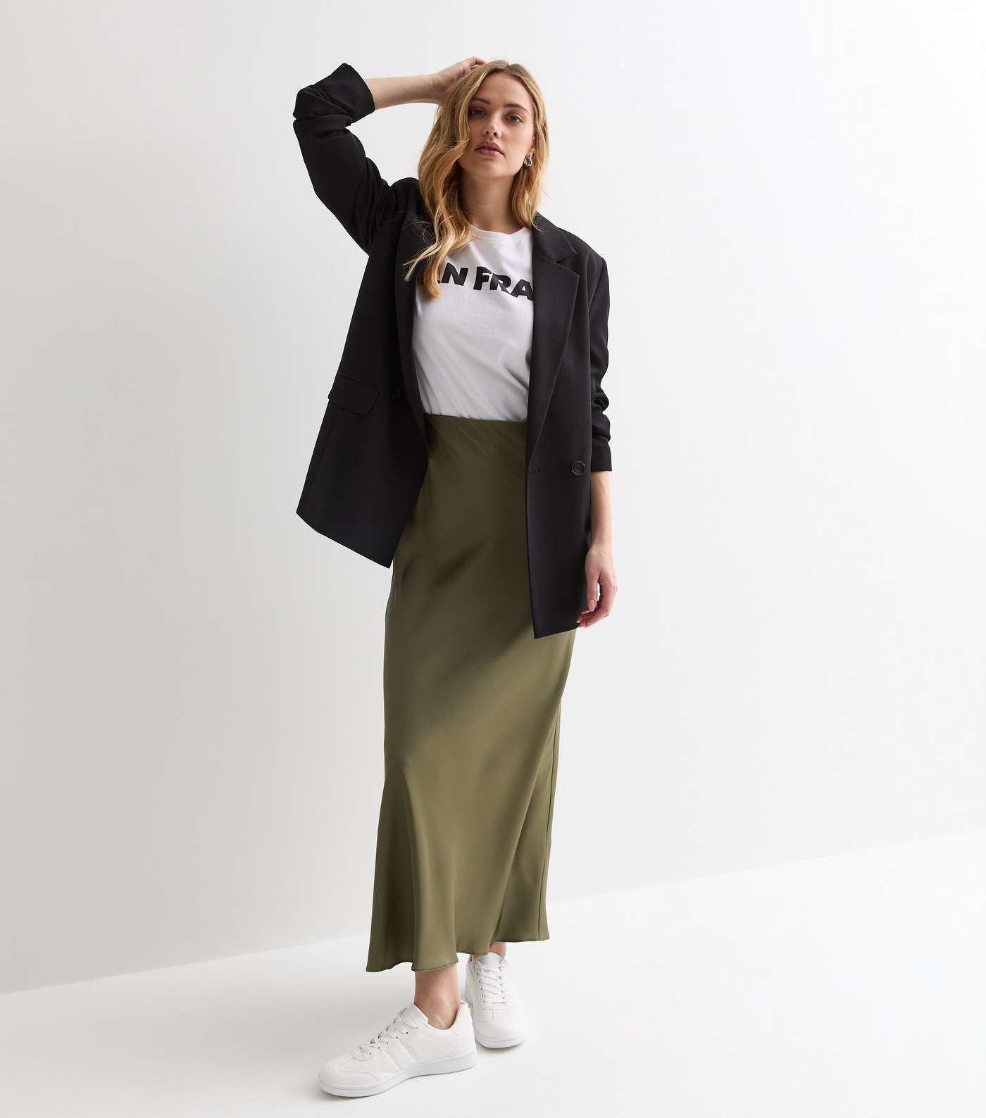 Olive Satin Bias Midi Skirt Image 3