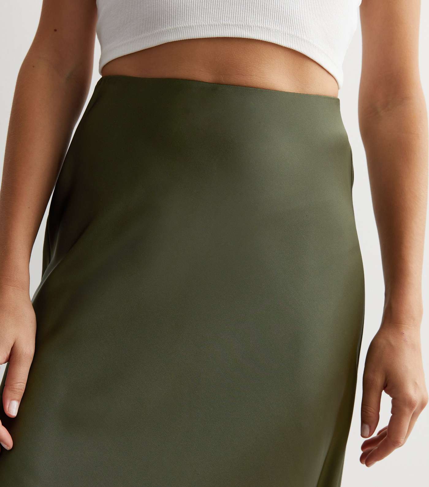 Khaki Shine Satin Bias Cut Midi Skirt Image 3