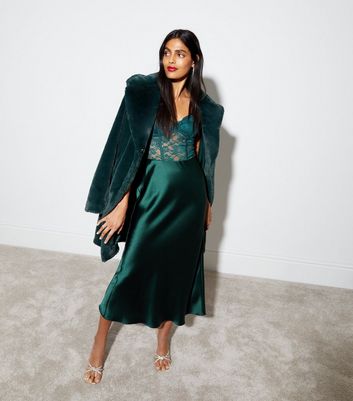 Green Shine Satin Bias Cut Midi Skirt New Look