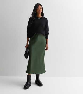 Dark Green Shine Satin Bias Cut Midi Skirt