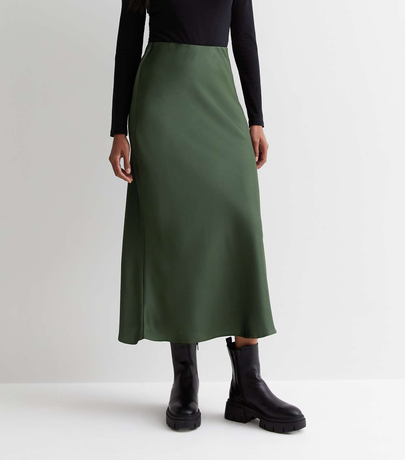 Dark Green Shine Satin Bias Cut Midi Skirt Image 3