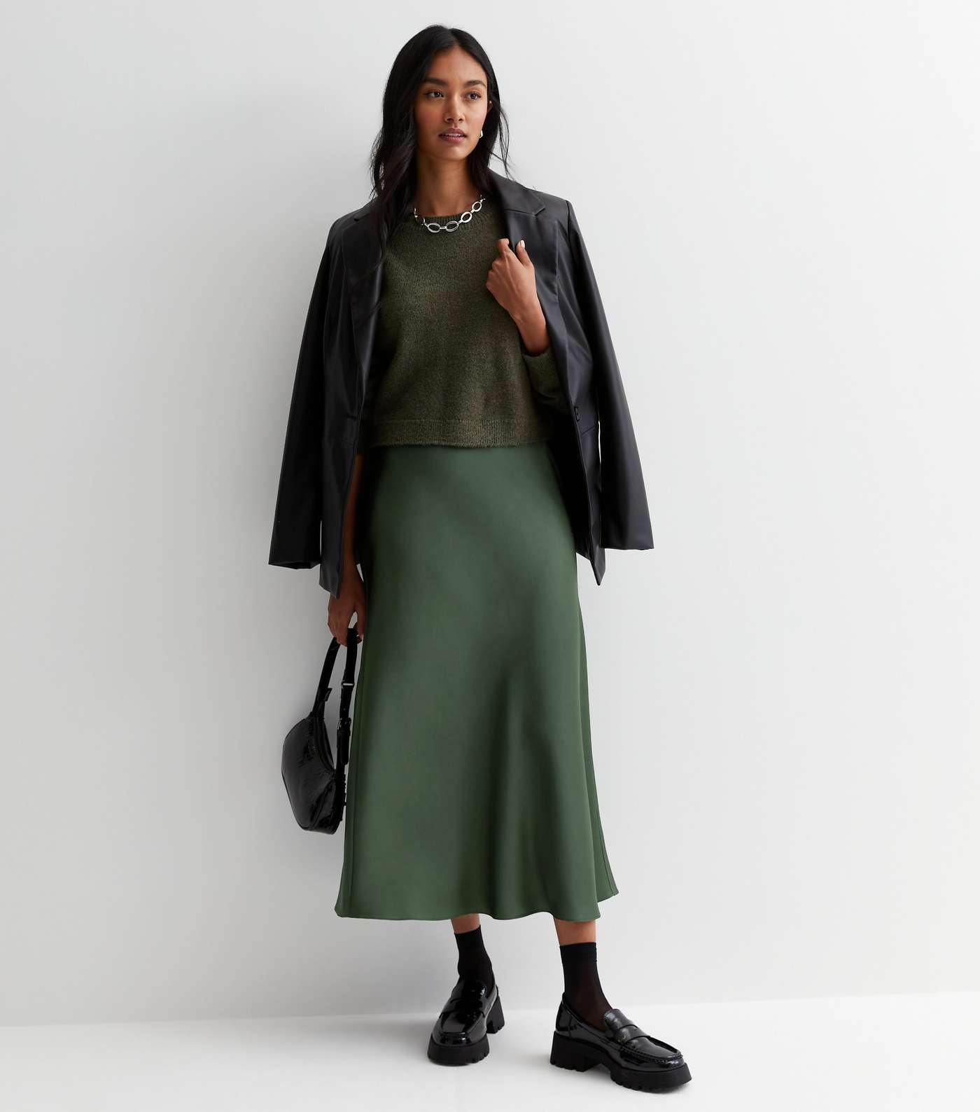 Dark Green Shine Satin Bias Cut Midi Skirt Image 5