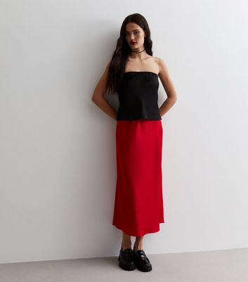 Red Shine Satin Bias Cut Midaxi Skirt New Look