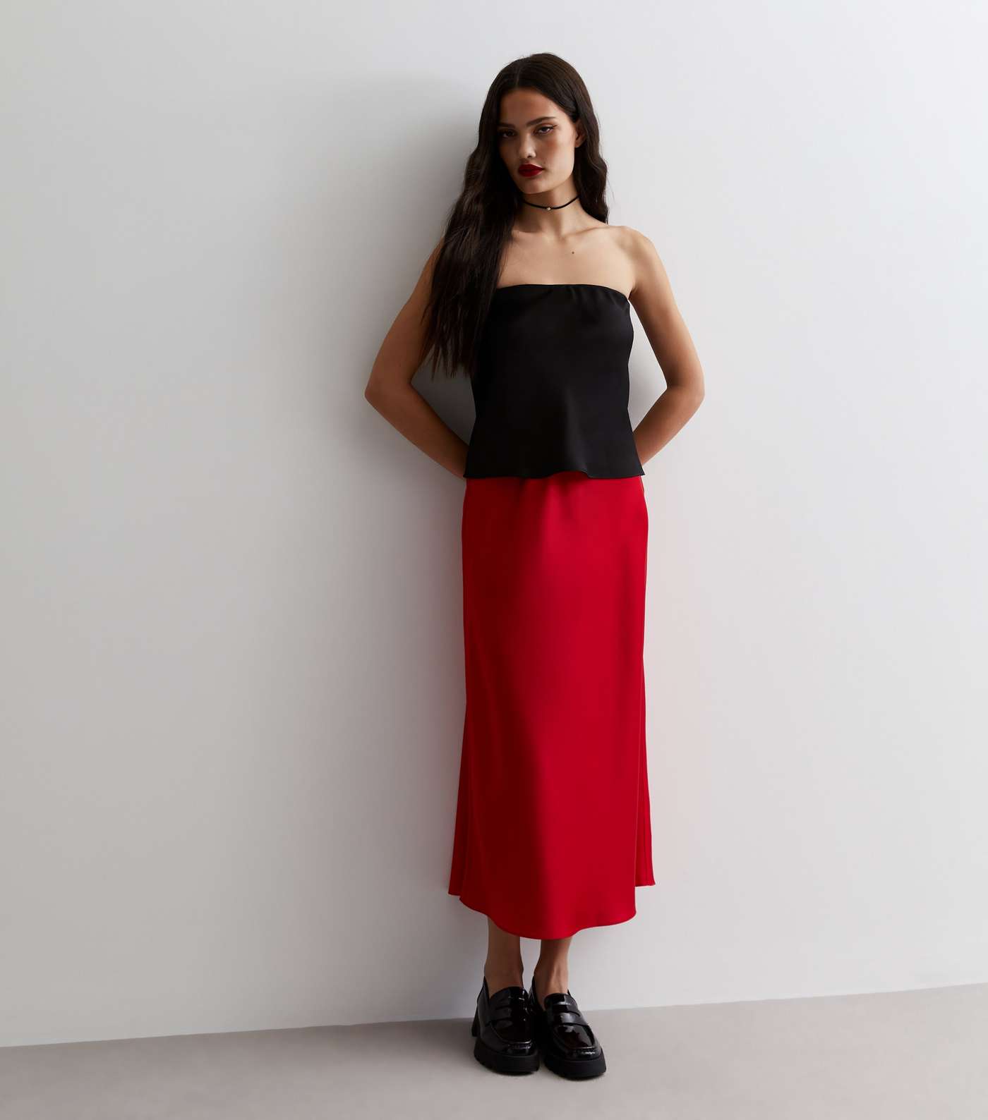 Red Shine Satin Bias Cut Midaxi Skirt Image 5