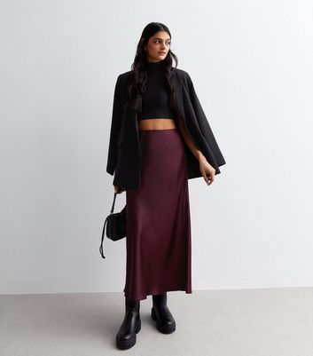 Plum Shine Satin Bias Cut Midi Skirt New Look