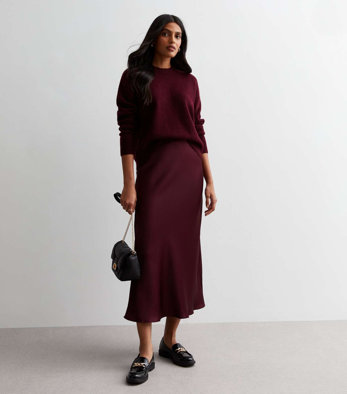 Burgundy Shine Satin Bias Cut Midaxi Skirt