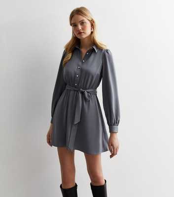 Grey Long Sleeve Mini Shirt Dress