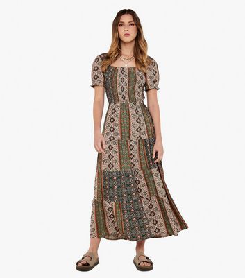 Apricot Green Patchwork Square Neck Midi Dress New Look