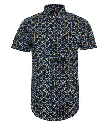 Men's Threadbare Navy Geometric Short Sleeve Shirt New Look