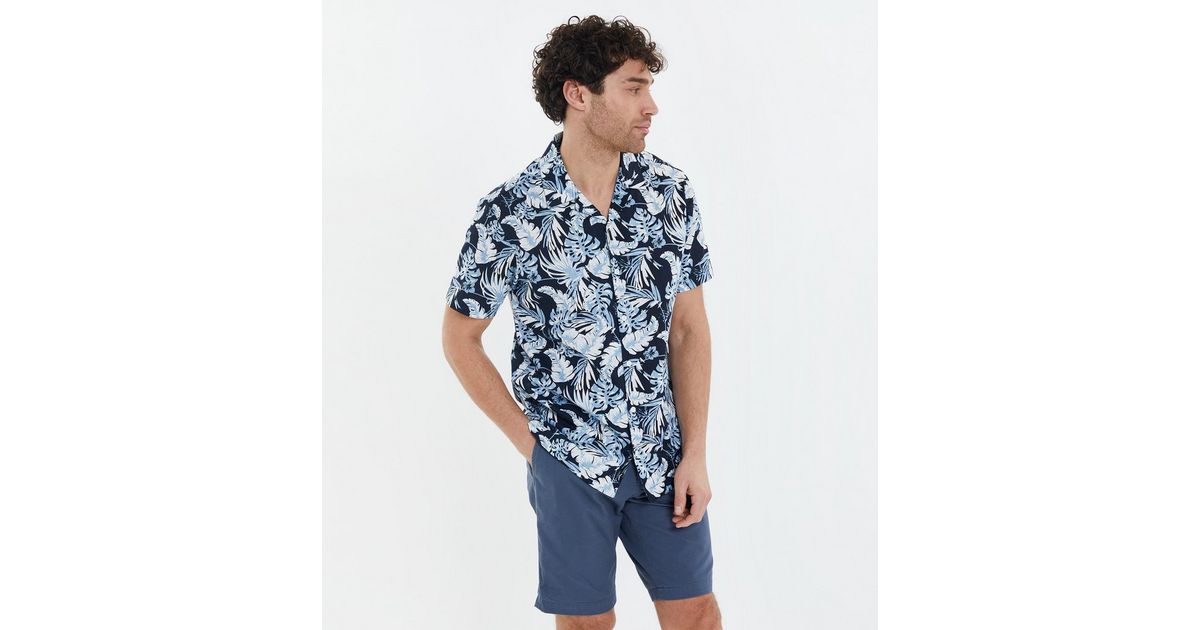 Threadbare Bright Blue Palm Print Short Sleeve Shirt | New Look