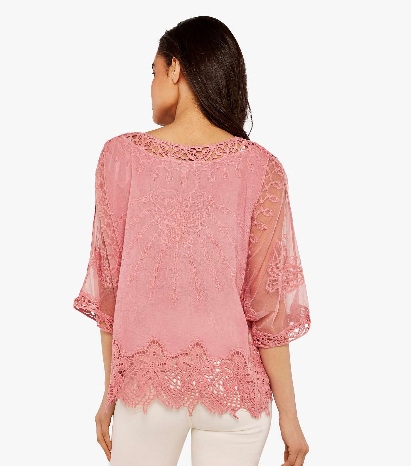 Apricot Pink Crochet Embroidered V Neck Top Image 3