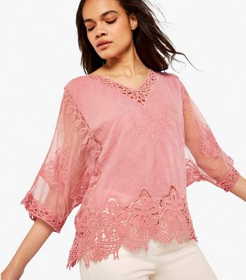 Apricot Pink Crochet Embroidered V Neck Top New Look