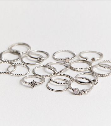 20 Pack Silver Mixed Size Rings New Look
