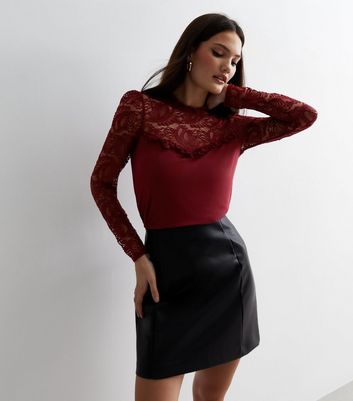 Burgundy Lace High Neck 2-in-1 Top | New Look