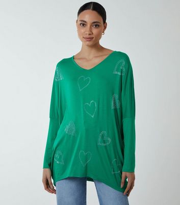 Blue Vanilla Dark Green Heart Embellishment Batwing Top New Look