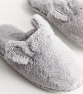 Grey Faux Fur Bunny Mule Slippers New Look