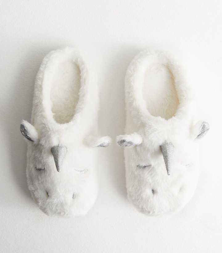 White Faux Fur Unicorn Mule Slippers