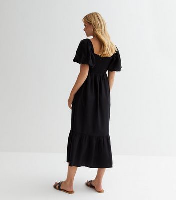 Black Puff Sleeve Shirred Midaxi Dress New Look