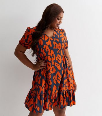 Curves Orange Leopard Print Frill Hem Mini Dress New Look