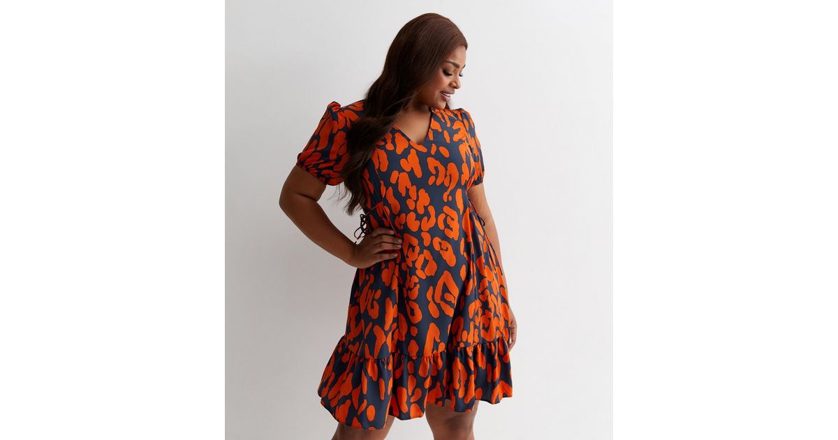 Curvy Short Knotted Big Leopard Dress - Orange/Pink