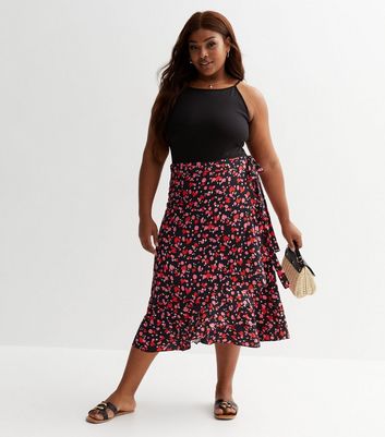 Curves Red Heart Ditsy Print Wrap Tie Midi Skirt New Look