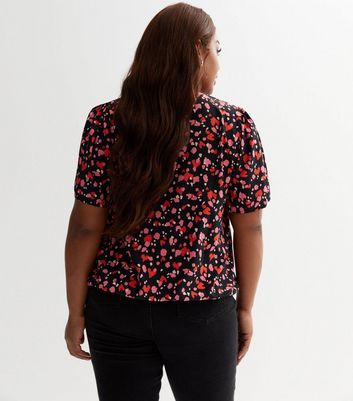 Curves Black Heart Print Tie Neck Blouse | New Look