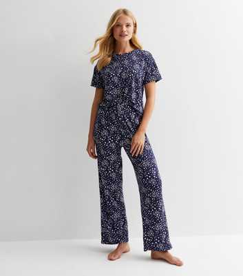 Blue Soft Touch Trouser Pyjama Set with Heart Print