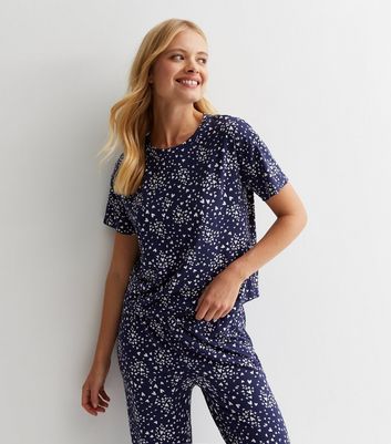 Blue Soft Touch Trouser Pyjama Set with Heart Print New Look
