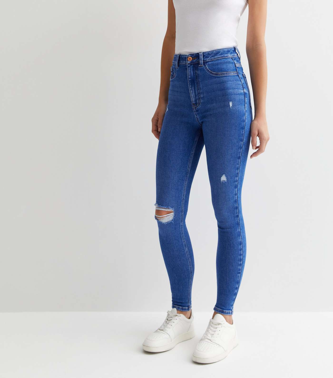 Bright Blue High Waist Ripped Knee Hallie Super Skinny Jeans Image 3