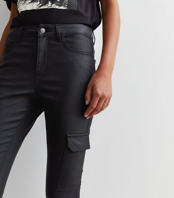 Black Leather-Look Coated Skinny Cargo Jeans New Look