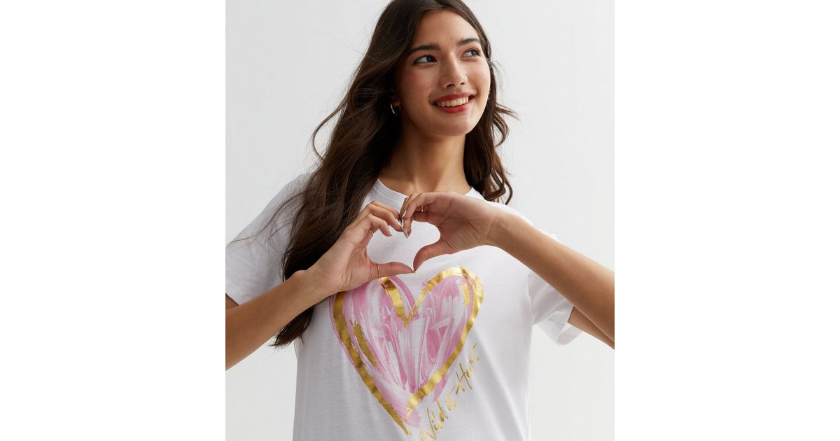 White Metallic Wild at Heart Logo T-Shirt | New Look