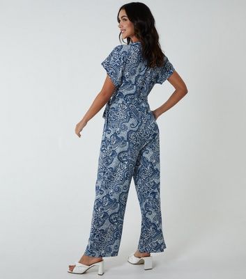 Blue Vanilla Blue Paisley Belted Jumpsuit New Look