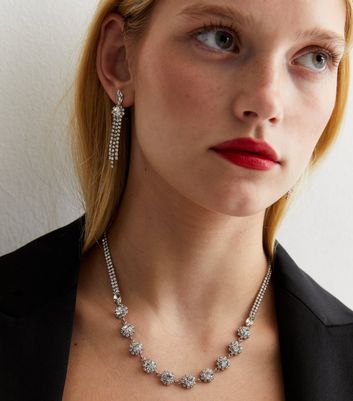 TLS1547 - Diamante Necklace With A Central Teardrop & Matching Earrings |  The Wedding Veil Shop
