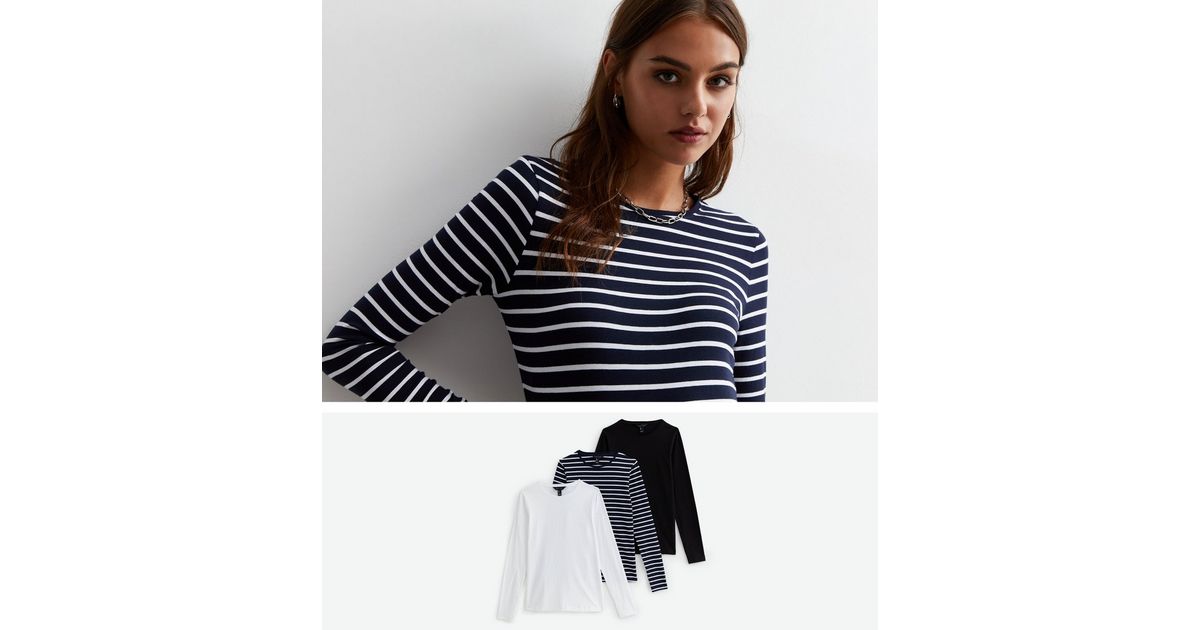 3 Pack Black White and Navy Stripe Long Sleeve TShirts New Look