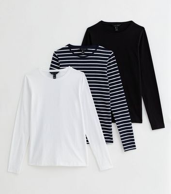 3 Pack Black White and Navy Stripe Long Sleeve T Shirts New Look