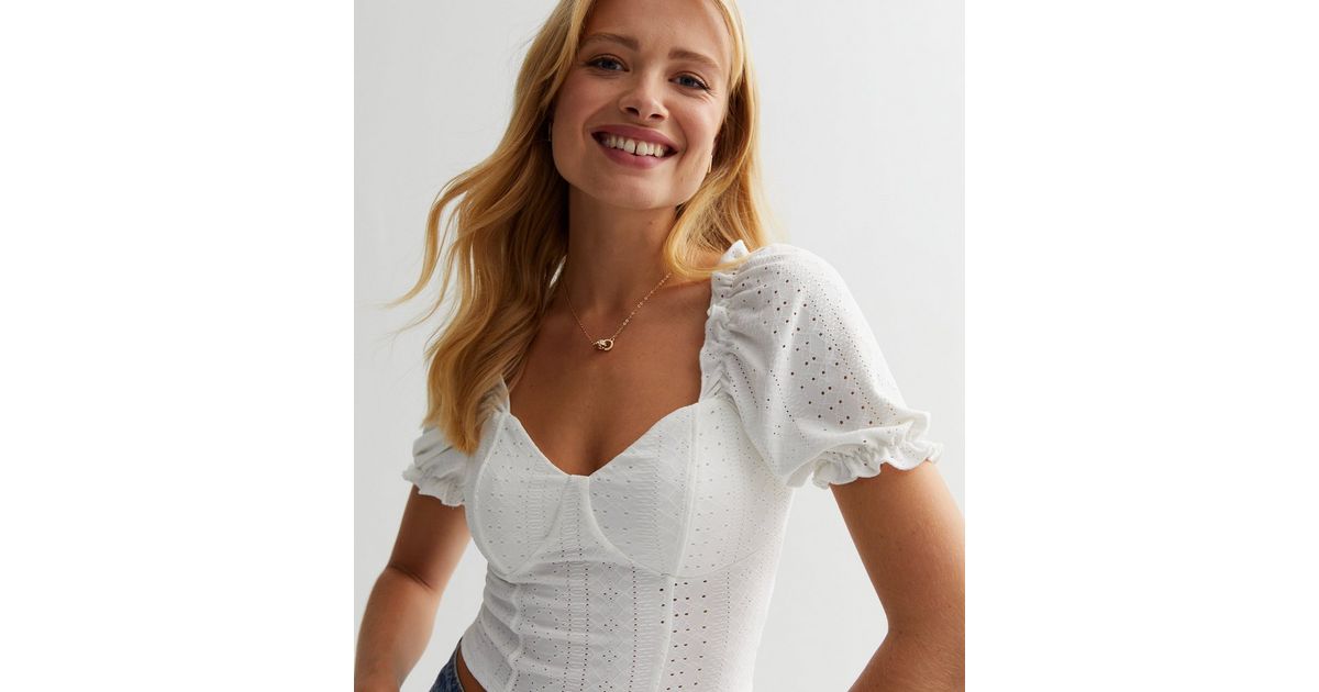 Sweet September Bust Tie Puff Sleeve Crop Top White